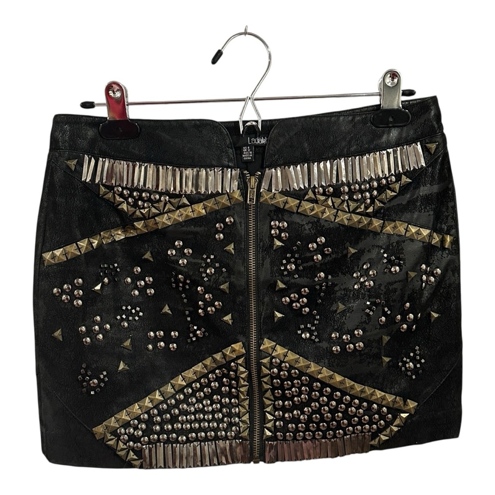 Ladakh Black and Gold Leather Full Zip Studded Mini Skirt 2000s Era